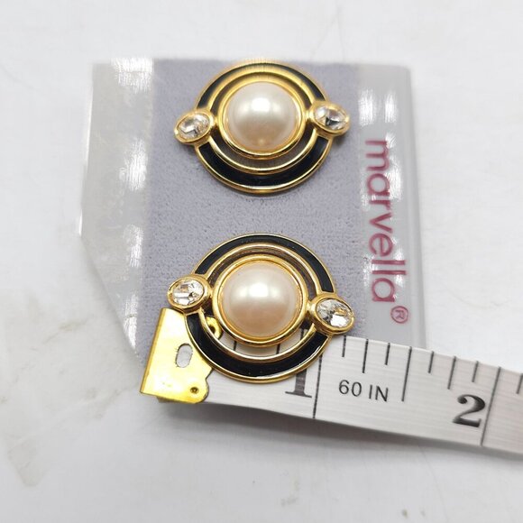 Marvella Faux Pearl Clear Crystal Retro-Inspired Earrings Black/Gold - Picture 4 of 4